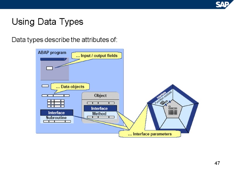 47 Using Data Types Data types describe the attributes of: